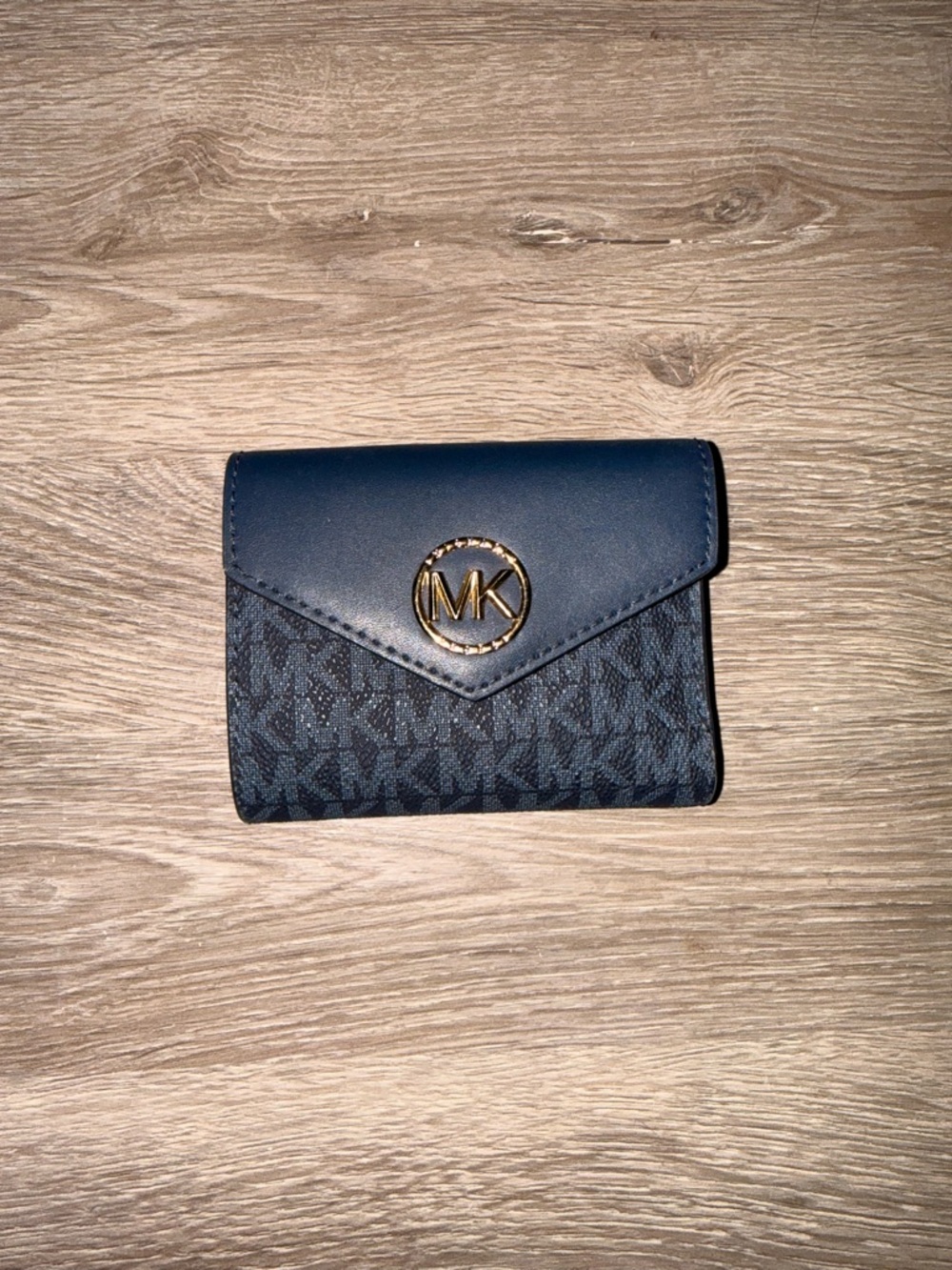 Michael Kors Navy Logo Small Trifold Wallet with Gold MK Emblem